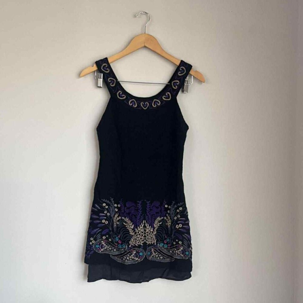 Free People Wool Embroidered Black Mini Dress Size 0 XS